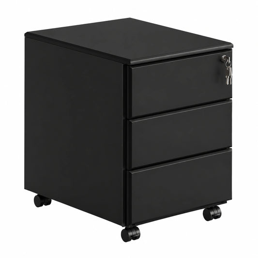 Bureau, en métal, avec rangement, avec tiroirs, sur roulettes, coloris noir, pour l’espace de travail