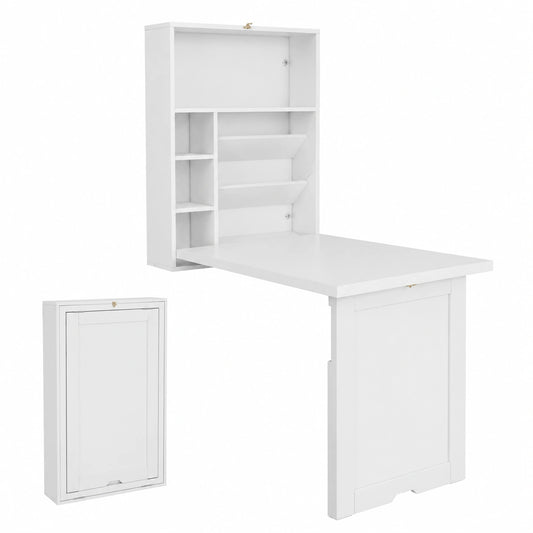Bureau, pliable, avec rangement, en panneaux de bois, 82 x 16 x 60 cm, coloris blanc, pour l’espace de travail