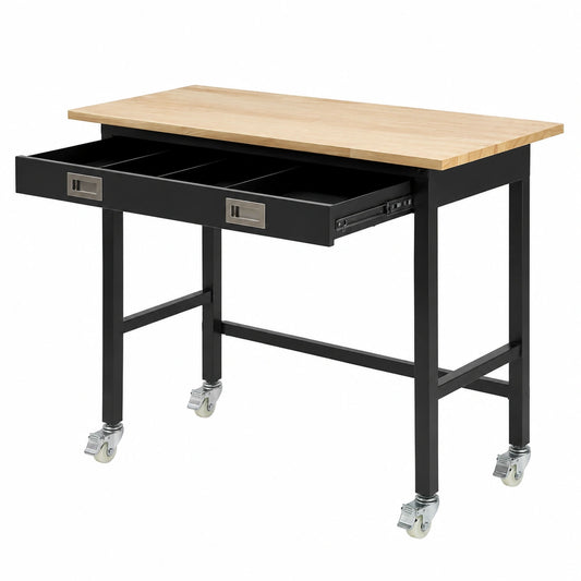 Bureau, avec rangement, avec tiroirs, sur roulettes, en chêne, 122 x 61 cm, pour l’espace de travail
