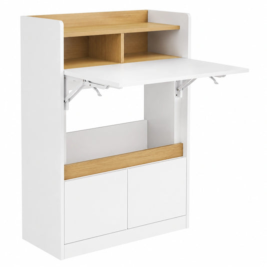 Bureau, avec rangement, avec tiroirs, avec étagères, coloris blanc et naturel, 63 x 67 x 93 cm, pour l’espace de travail