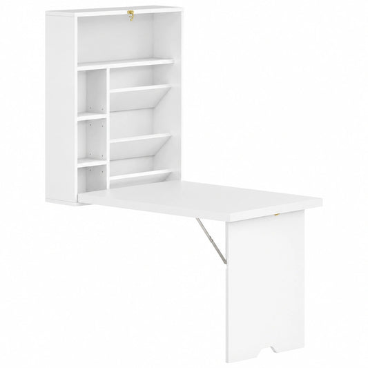 Bureau, pliable, avec rangement, avec étagères, coloris blanc, pour l’espace de travail